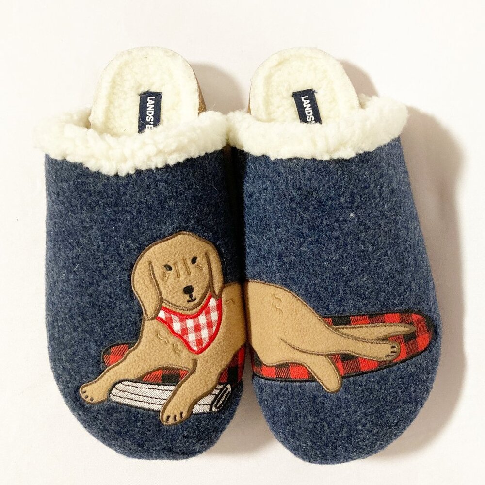 Lands' End Navy Blue Dog Appliqué Sherpa-Lined Slippers